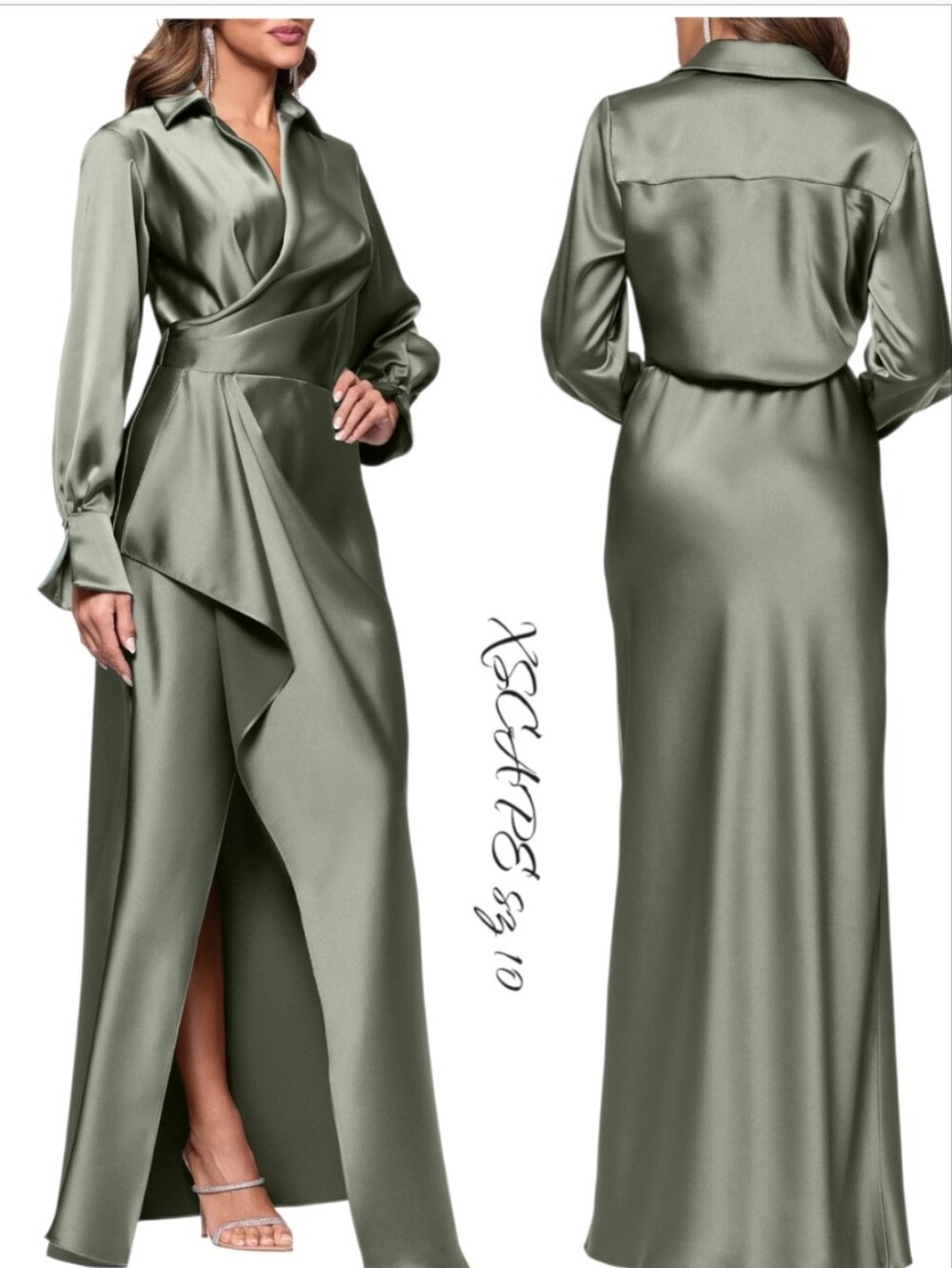 XSCAPE Olive Satin Shirtdress Gown Maxi Formal Dress Size 10